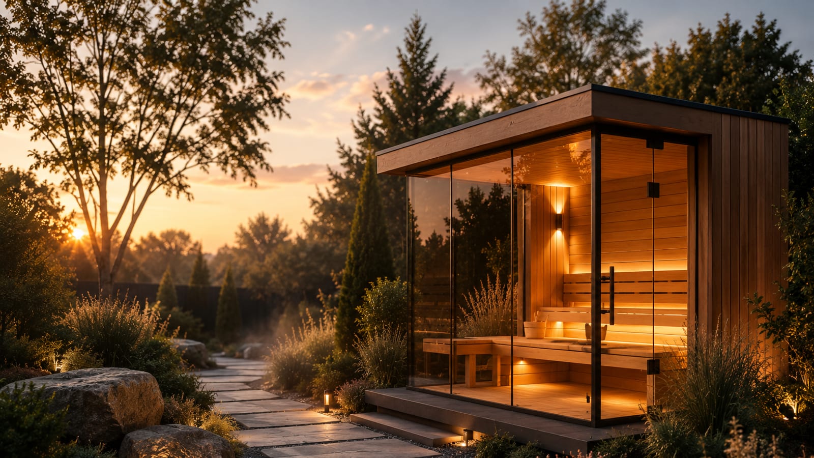 Outdoor garden sauna cabin lit from within at dusk, with a stone path leading to the door