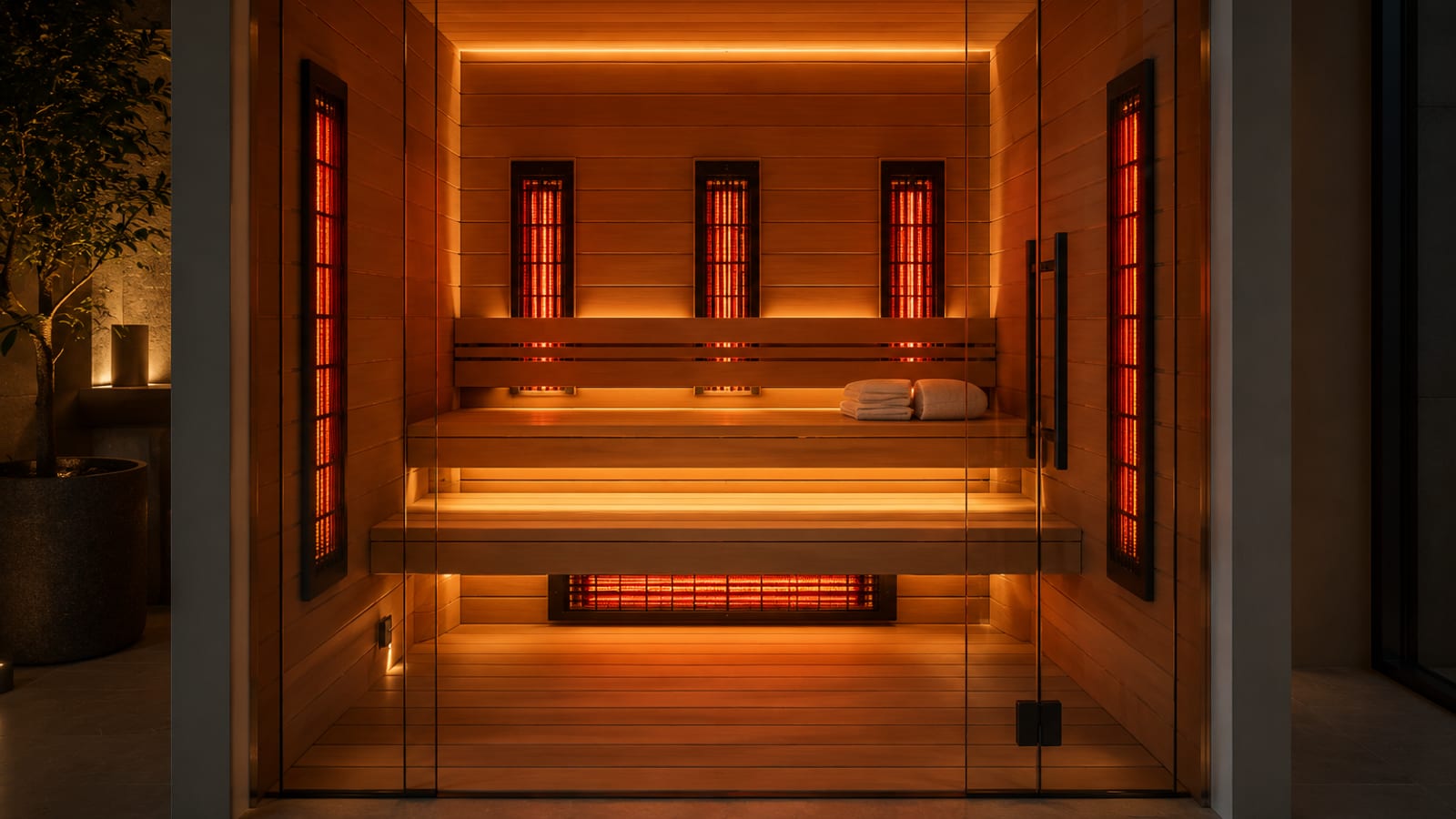Interior of a full-spectrum infrared sauna cabin with glowing heating panels and cedar benches