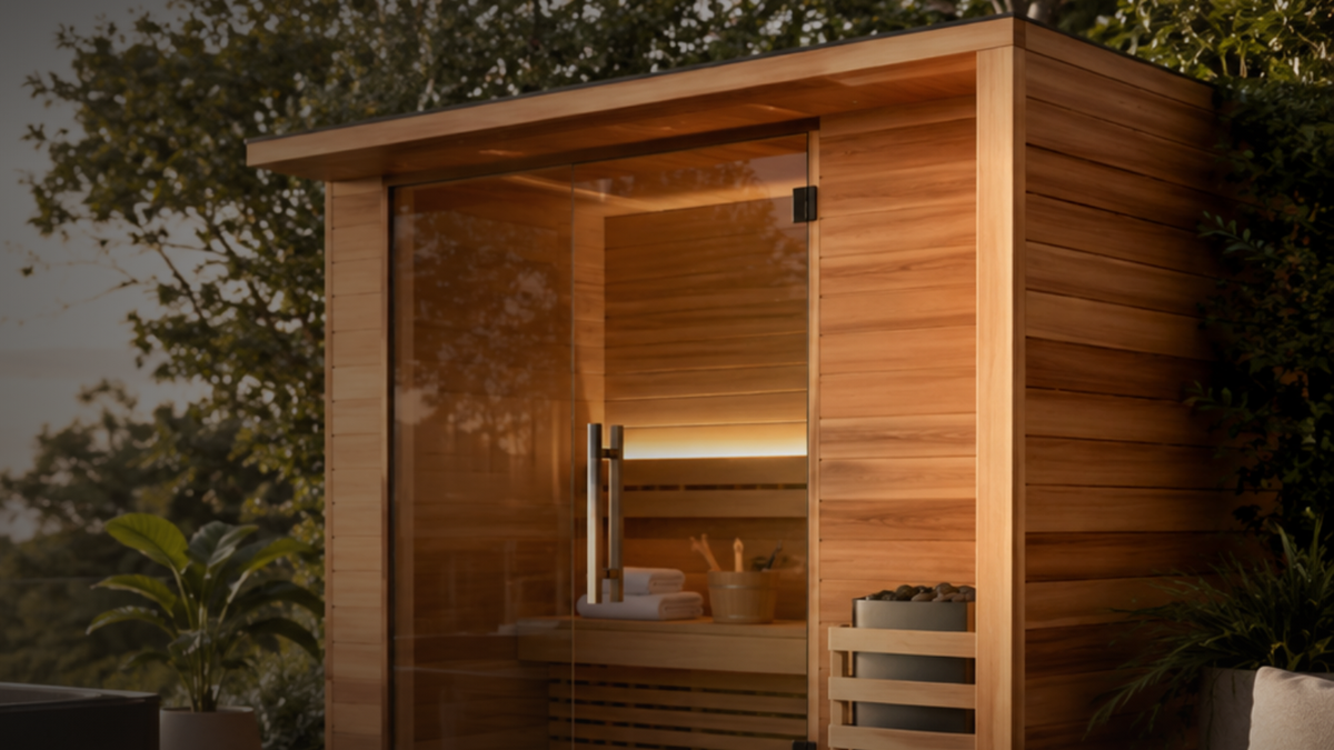 Outdoor cedar sauna cabin lit from within at dusk, with the heater stone basket visible beside the glass door