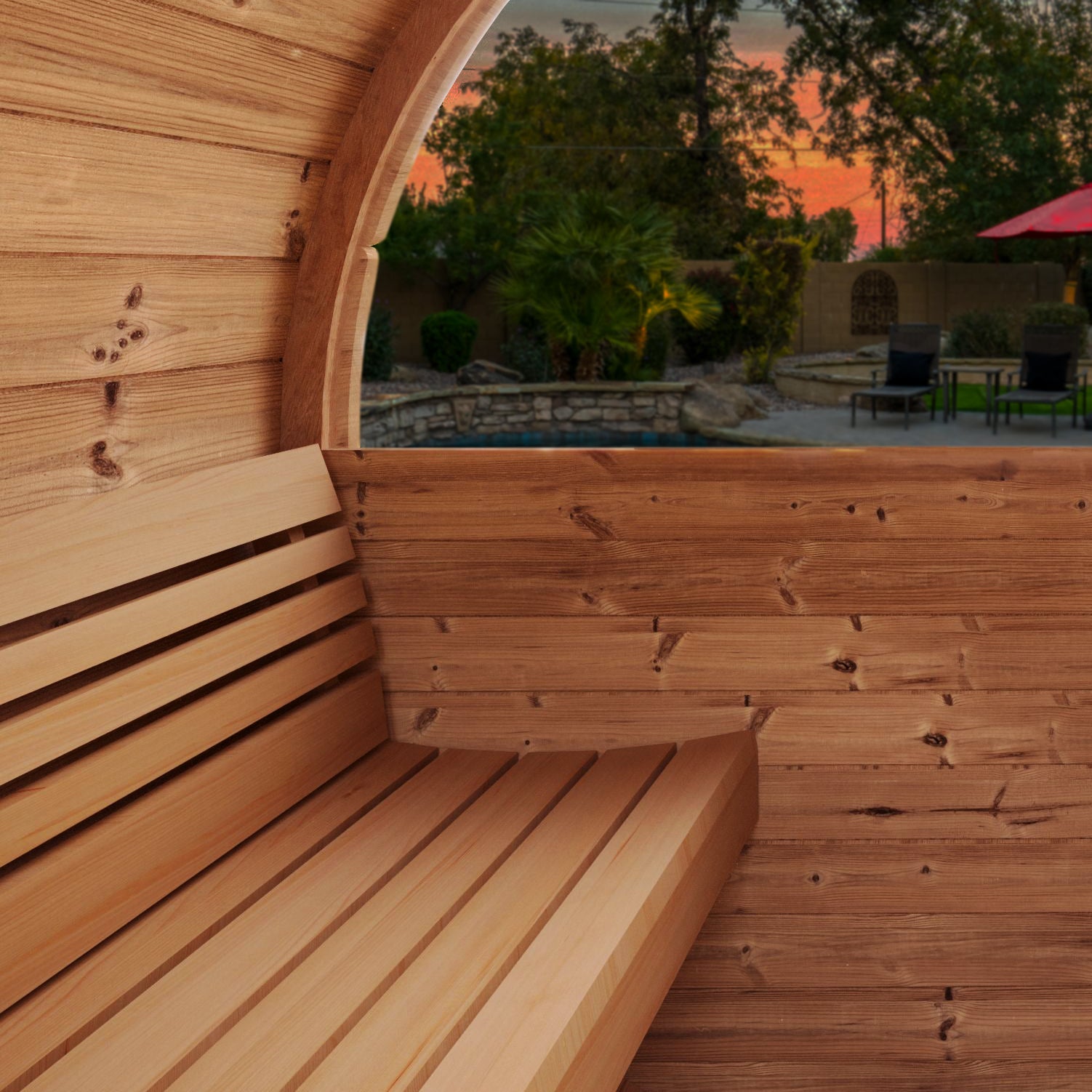 SaunaLife Model E6W ERGO Series Outdoor Barrel Sauna with Panoramic Rear Window