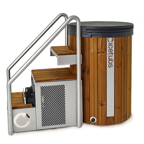 Icetubs IceBarrel Cold Plunge, with Stairs and Black Faux Leather Vinyl Cover