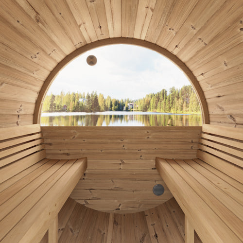 SaunaLife Model E6W ERGO Series Outdoor Barrel Sauna with Panoramic Rear Window