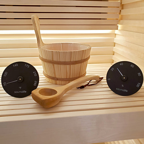 SaunaLife Accessory Package 3 Wooden 1-Gallon Sauna Bucket, Wood Ladle, Thermometer, Hygrometer,