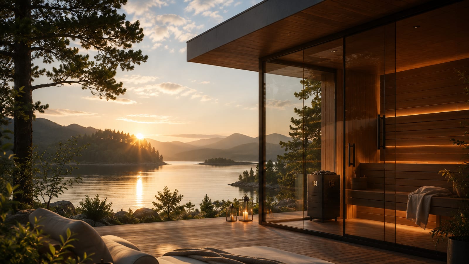 Modern home sauna with a full glass front overlooking a lake at sunset