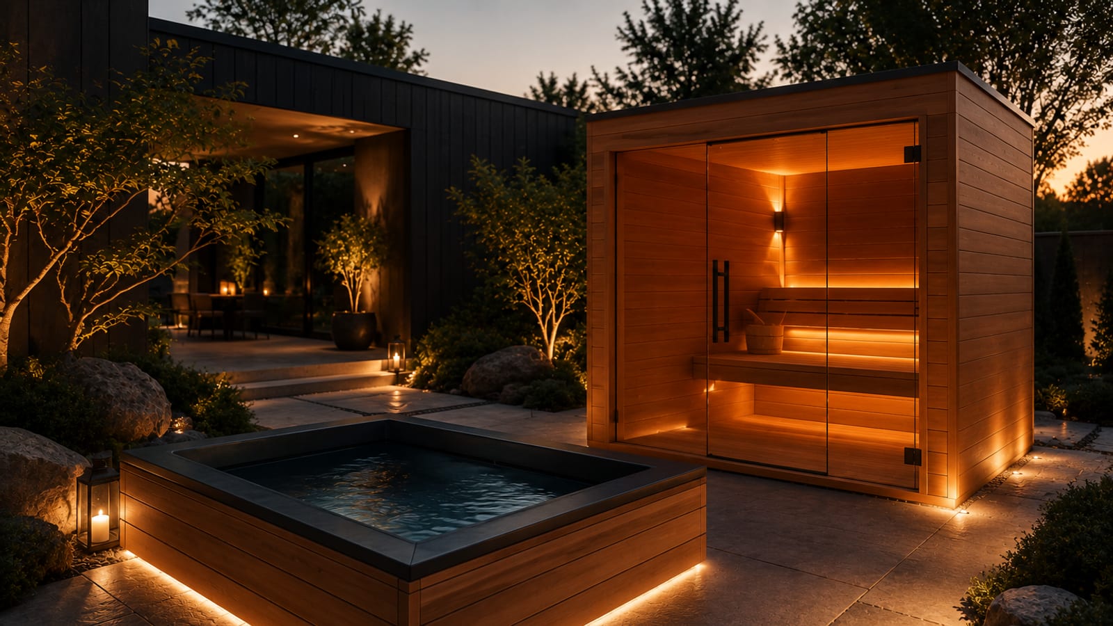 An outdoor sauna lit from within at night beside a cold plunge pool