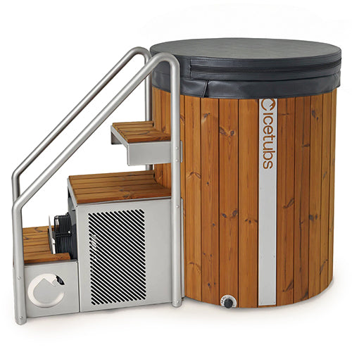 Icetubs IceBarrel XL Cold Plunge with Stairs, with Black Faux Leather Vinyl Cover