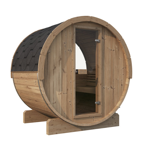 SaunaLife Model E6W ERGO Series Outdoor Barrel Sauna with Panoramic Rear Window