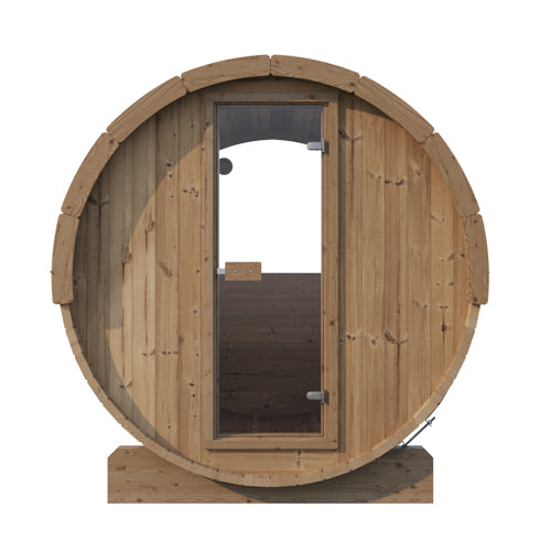 SaunaLife Model E6W ERGO Series Outdoor Barrel Sauna with Panoramic Rear Window