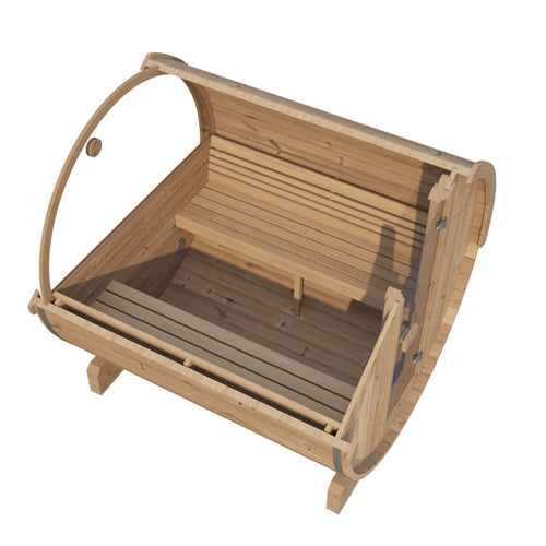 SaunaLife Model E6W ERGO Series Outdoor Barrel Sauna with Panoramic Rear Window