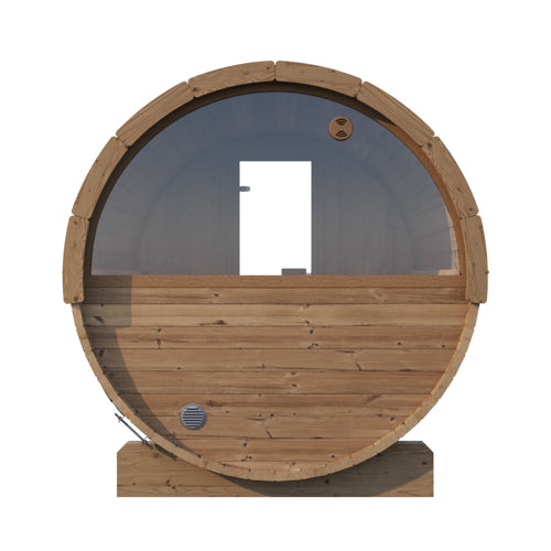 SaunaLife Model E6W ERGO Series Outdoor Barrel Sauna with Panoramic Rear Window