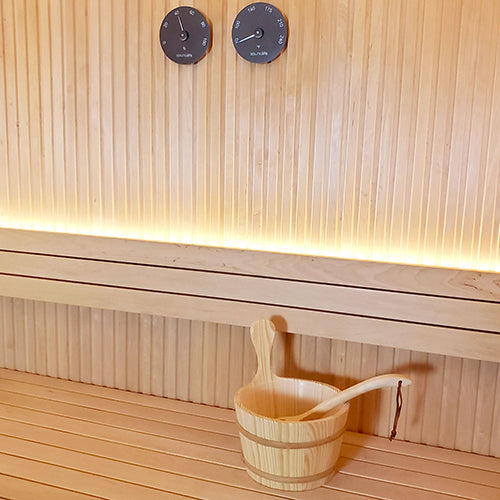 SaunaLife Accessory Package 3 Wooden 1-Gallon Sauna Bucket, Wood Ladle, Thermometer, Hygrometer,